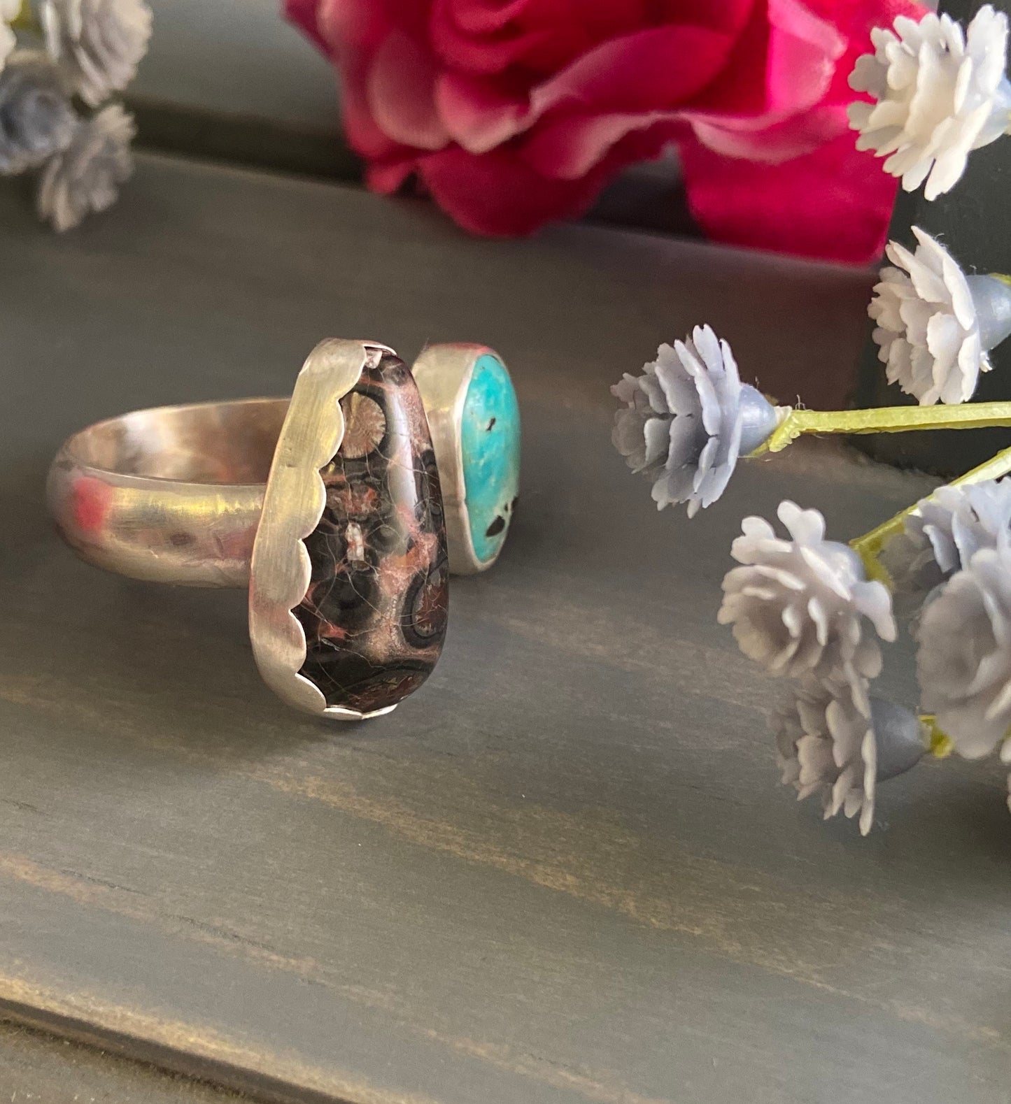 Leopard Skin Jasper + Turquoise Multi-Stone Ring