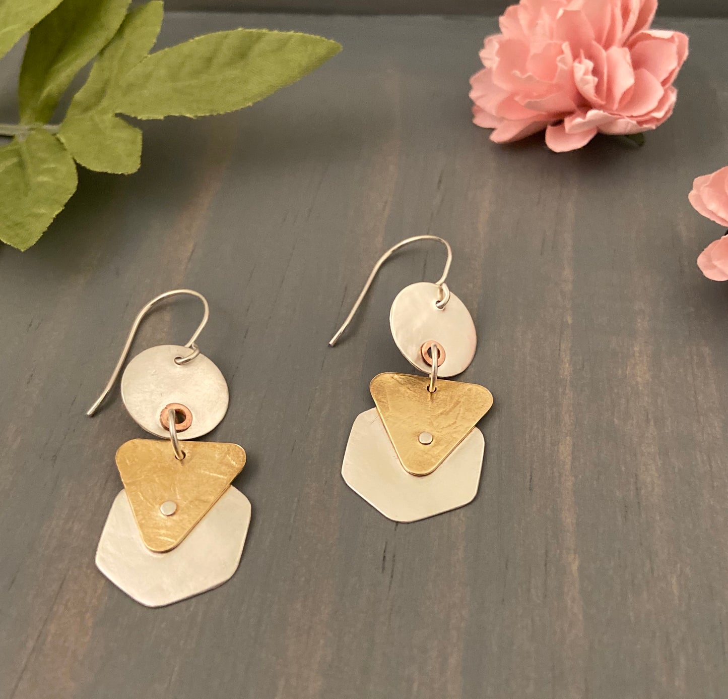 Silver and brass geometric earrings